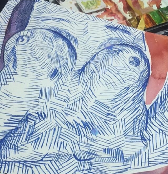 Ballpoint drawing of a figure built entirely from directional hatching, with no outline