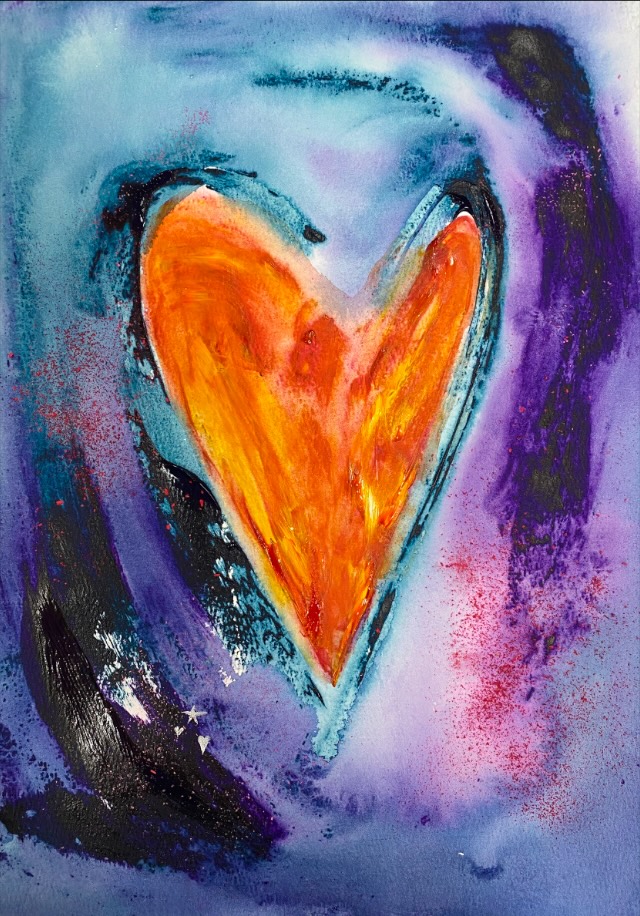An orange and yellow heart on a purple and blue wash, red spatter around it