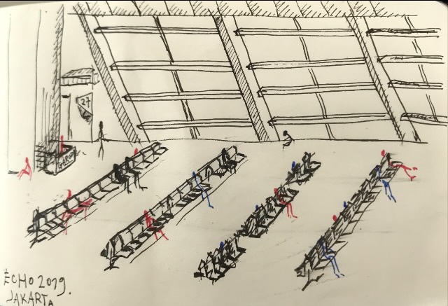 Ink sketch of an airport departure hall, rows of seats in perspective, passengers picked out in red and blue