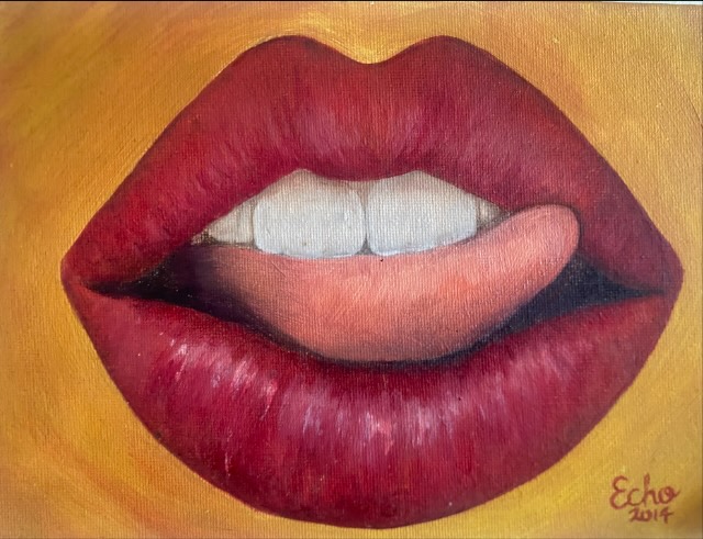 Oil painting of lips, the tongue against the teeth, deep oxblood on a golden ochre ground
