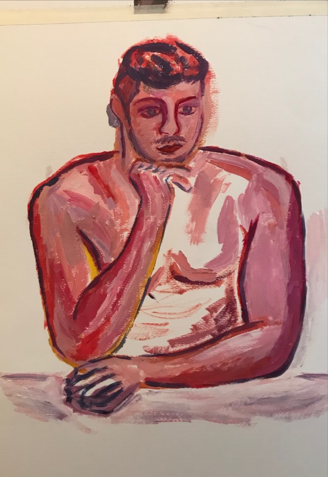 Acrylic portrait of a seated man, chin resting on his hand, painted in reds and pinks