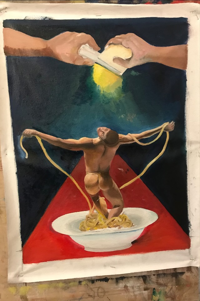Oil painting of a figure suspended over a bowl of pasta, a red triangle behind, two hands grating cheese as the light source
