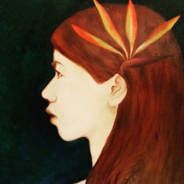 Oil profile portrait of a woman, orange and yellow leaves in her hair, dark green ground