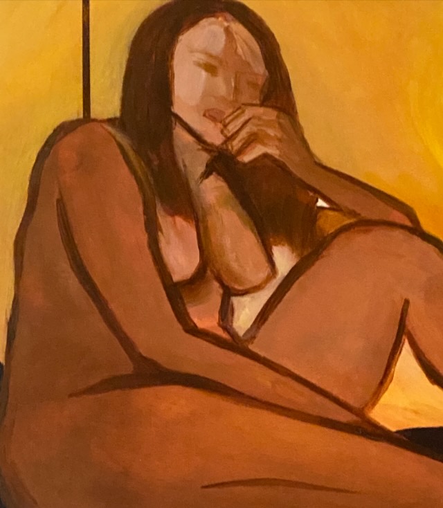 Oil painting of a reclining figure, hand to the face, ochre and brown against a warm yellow ground