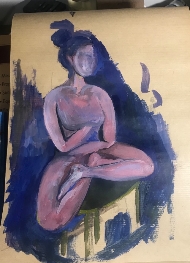 Acrylic painting of a seated figure in blue and pink on tan paper